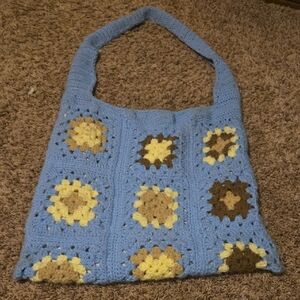 Crochet Floral Shoulder Bag - Blue and Brown